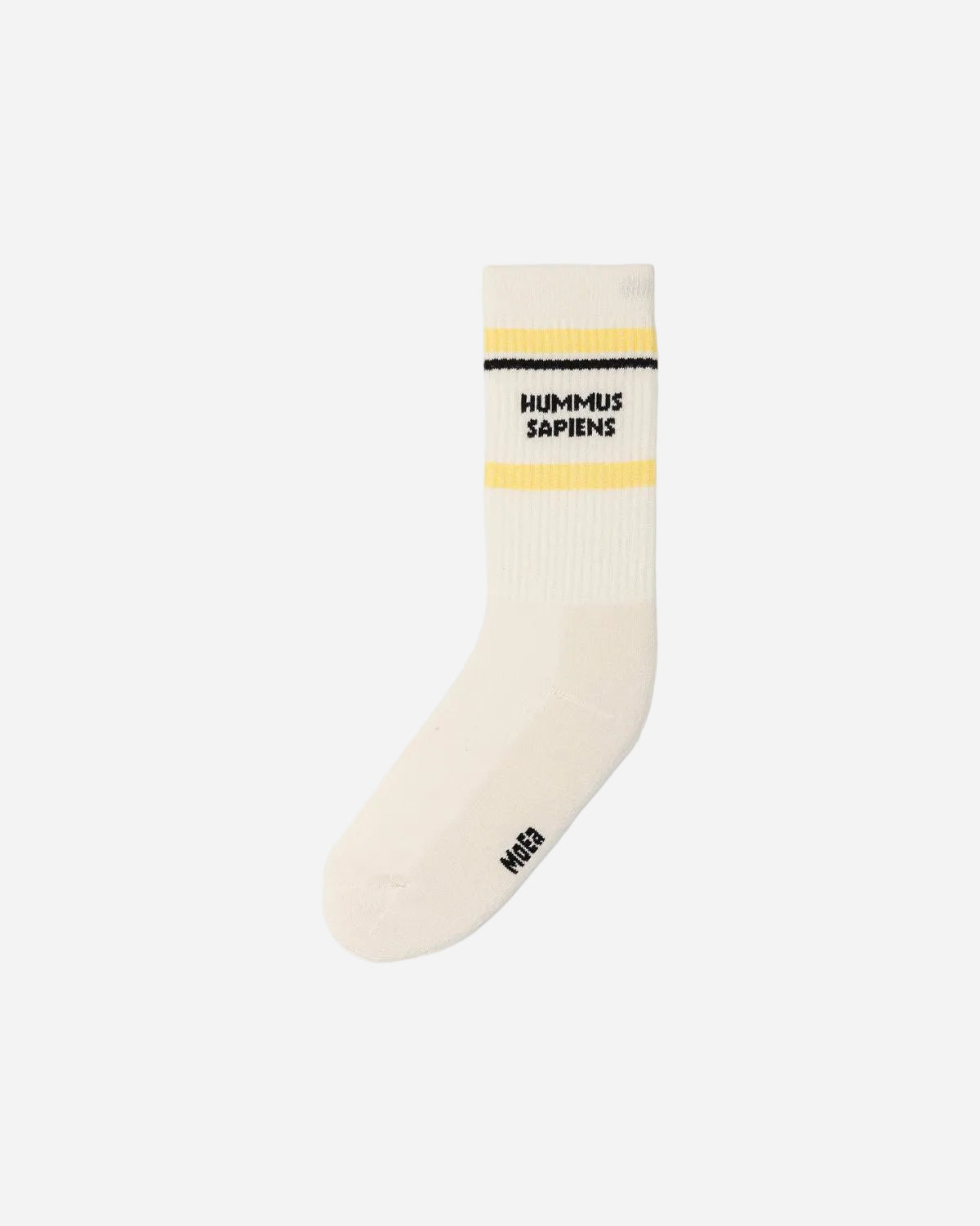 White sock with black text on a white background