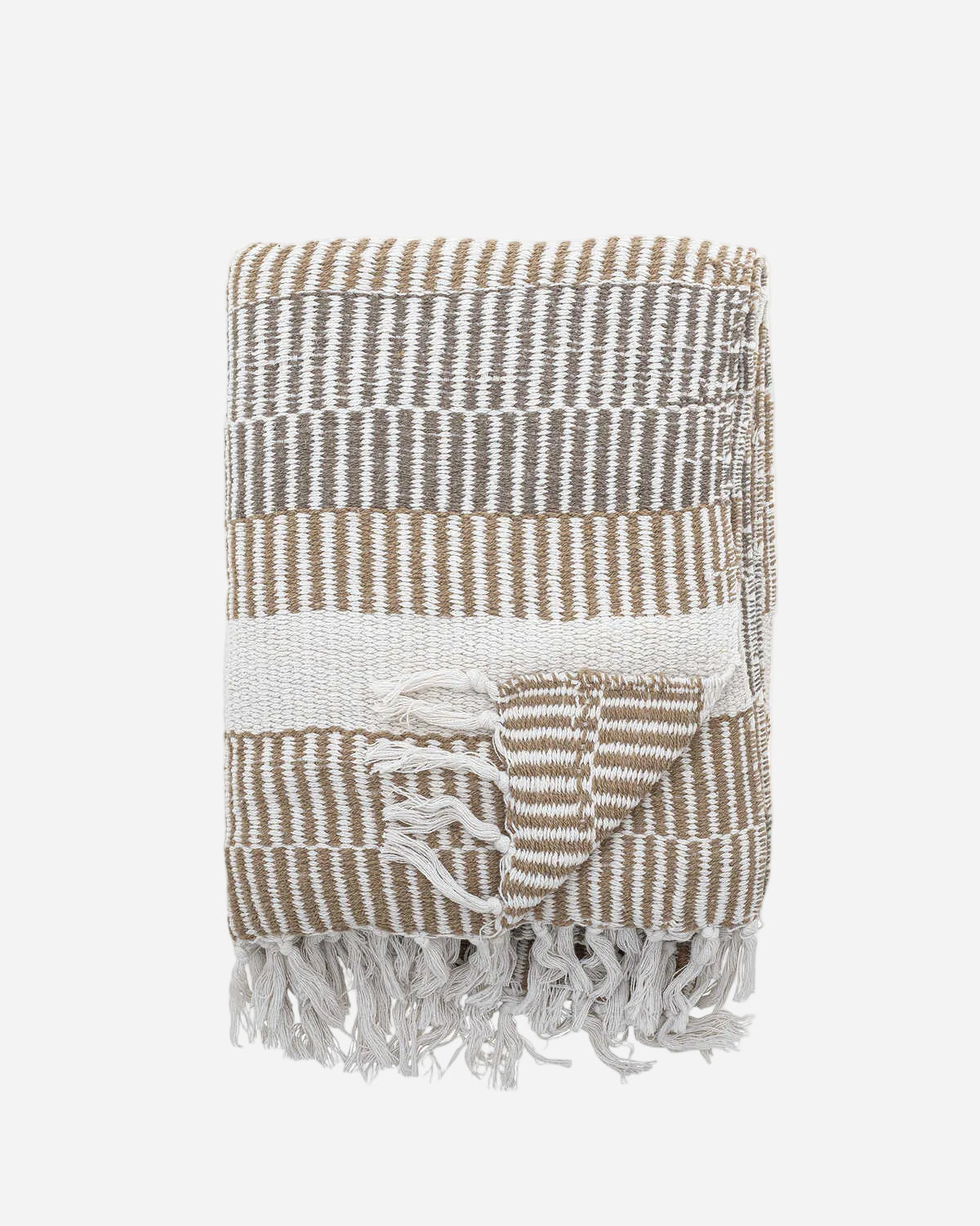 Striped towel with tassels on a white background