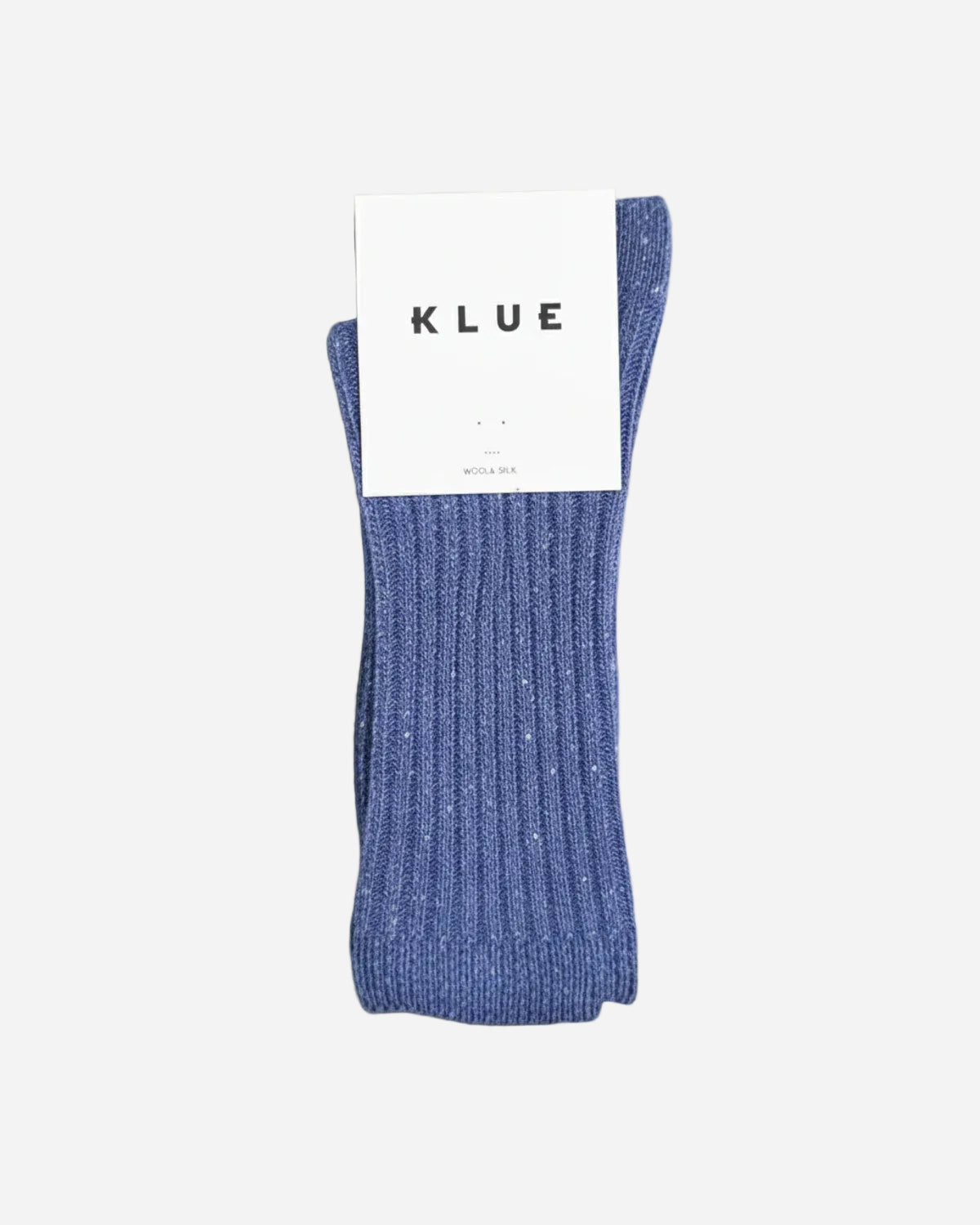 Blue sock with a KLUE label on a gray background