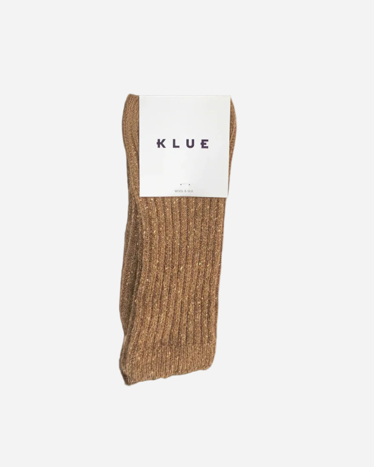 Brown sock with a KLUE label on a gray background