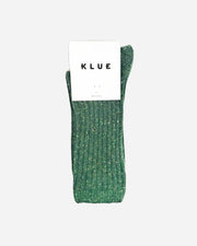 Green sock with a white tag displaying 'KLUE' on a gray background