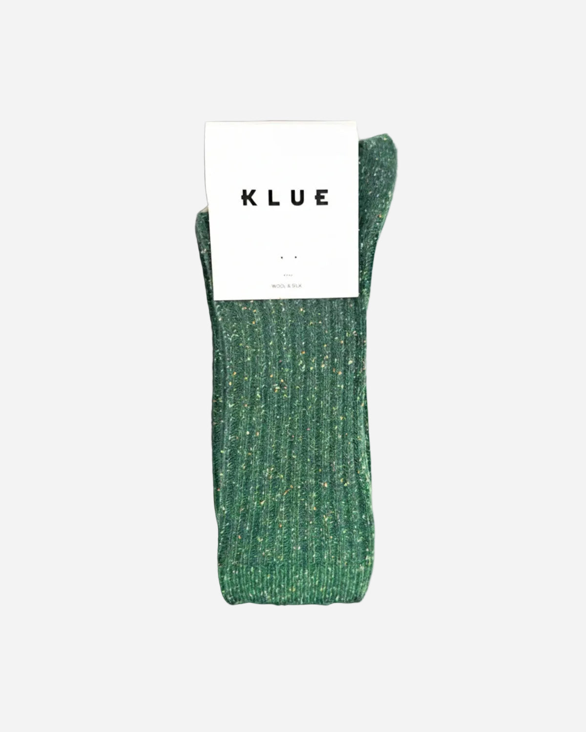 Green sock with a white tag displaying 'KLUE' on a gray background