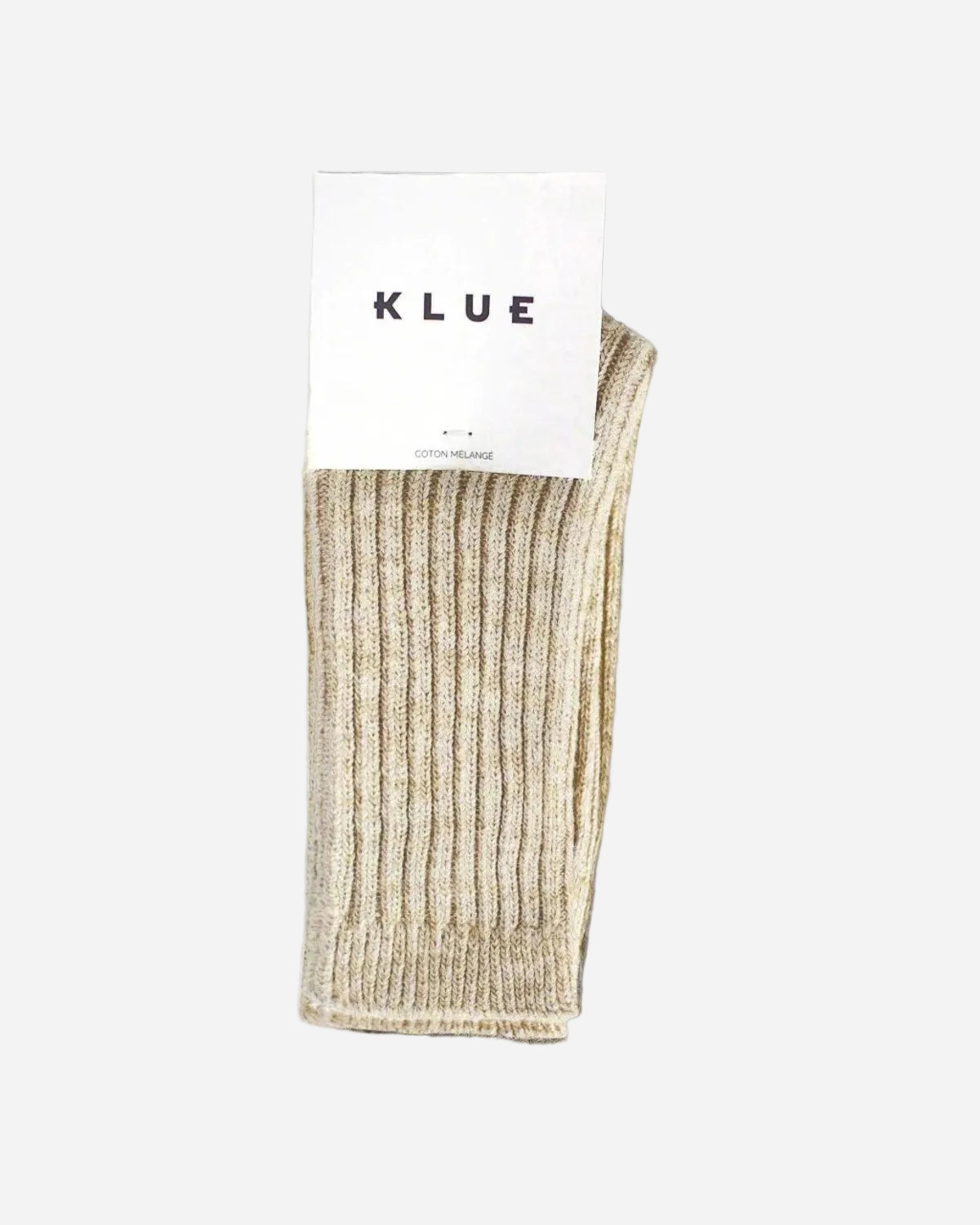 Beige sock with a KLUE label on a gray background