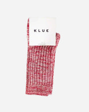 Red and white sock with 'KLUE' label on a gray background