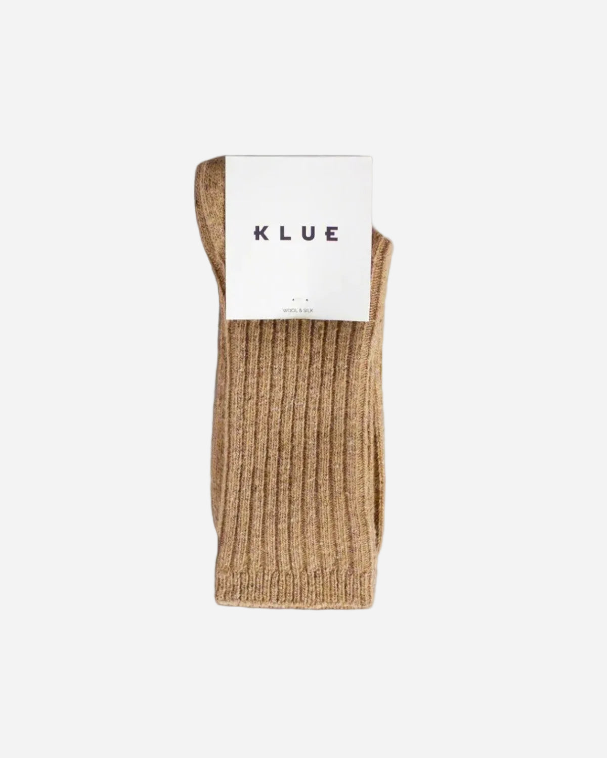 Brown ribbed sock with a KLUE label on a gray background