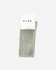 Gray sock with a white tag displaying 'KLUE' on a gray background