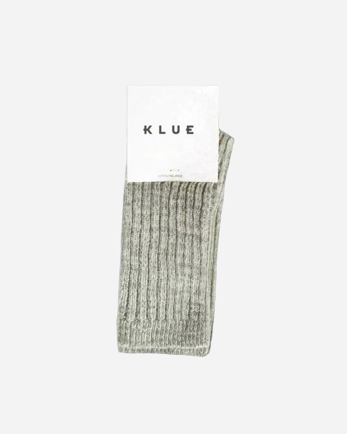 Gray sock with a white tag displaying 'KLUE' on a gray background