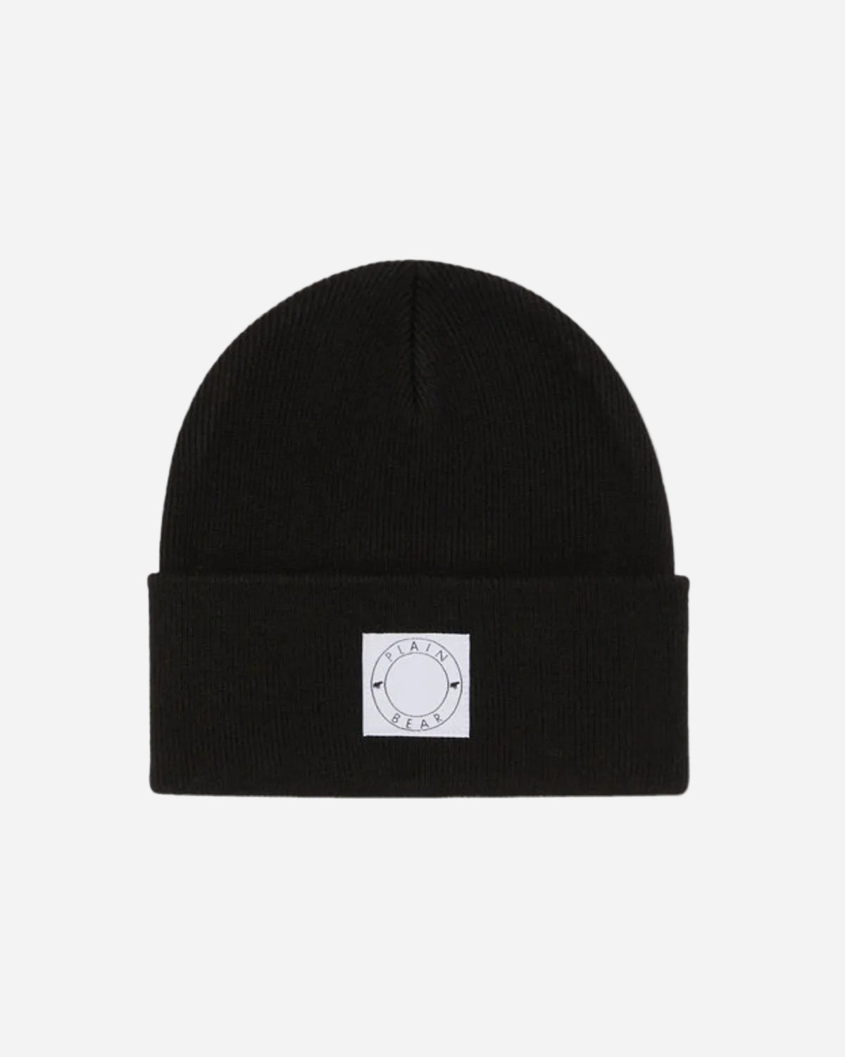 Black beanie with a white logo patch on a white background
