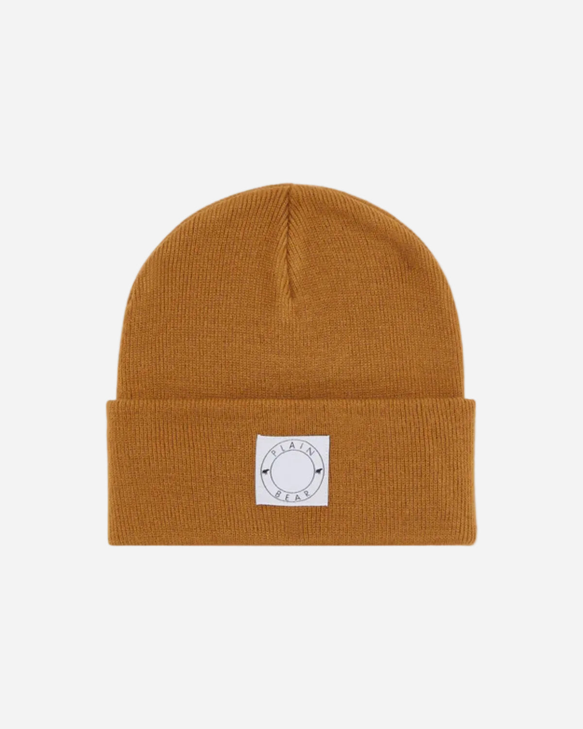 Brown beanie with a white label on a white background