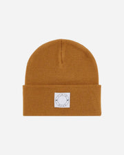 Brown beanie with a white label on a white background