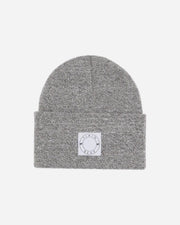 Gray knit beanie with a logo on a white background