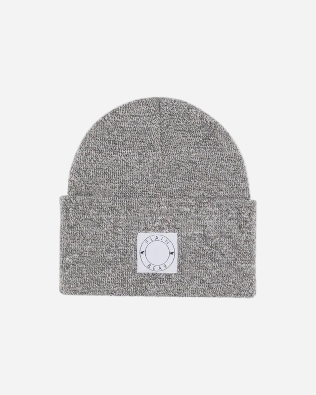 Gray knit beanie with a logo on a white background