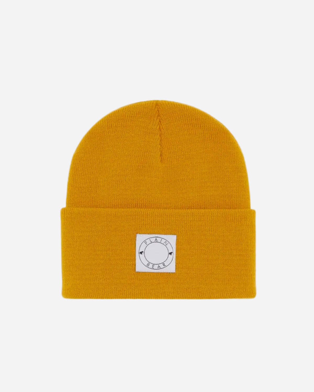 Yellow beanie with a white label on a white background