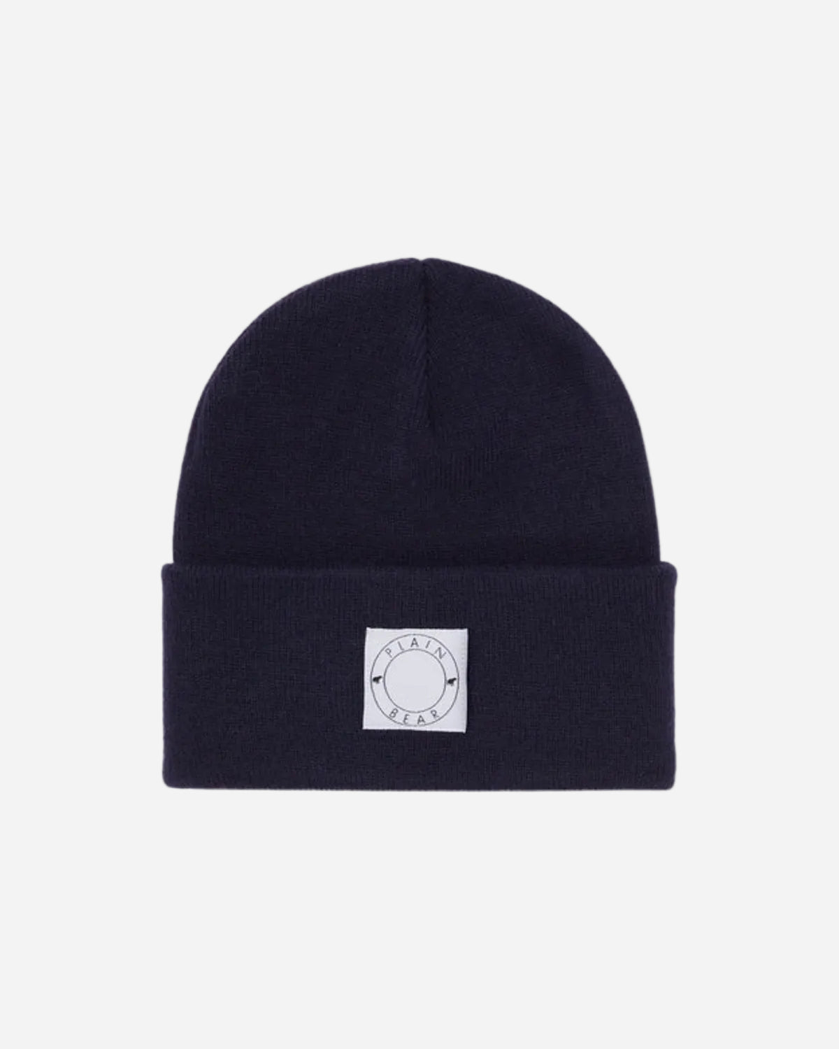 navy beanie with a white logo on a white background