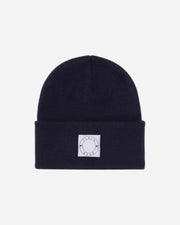 navy beanie with a white logo on a white background
