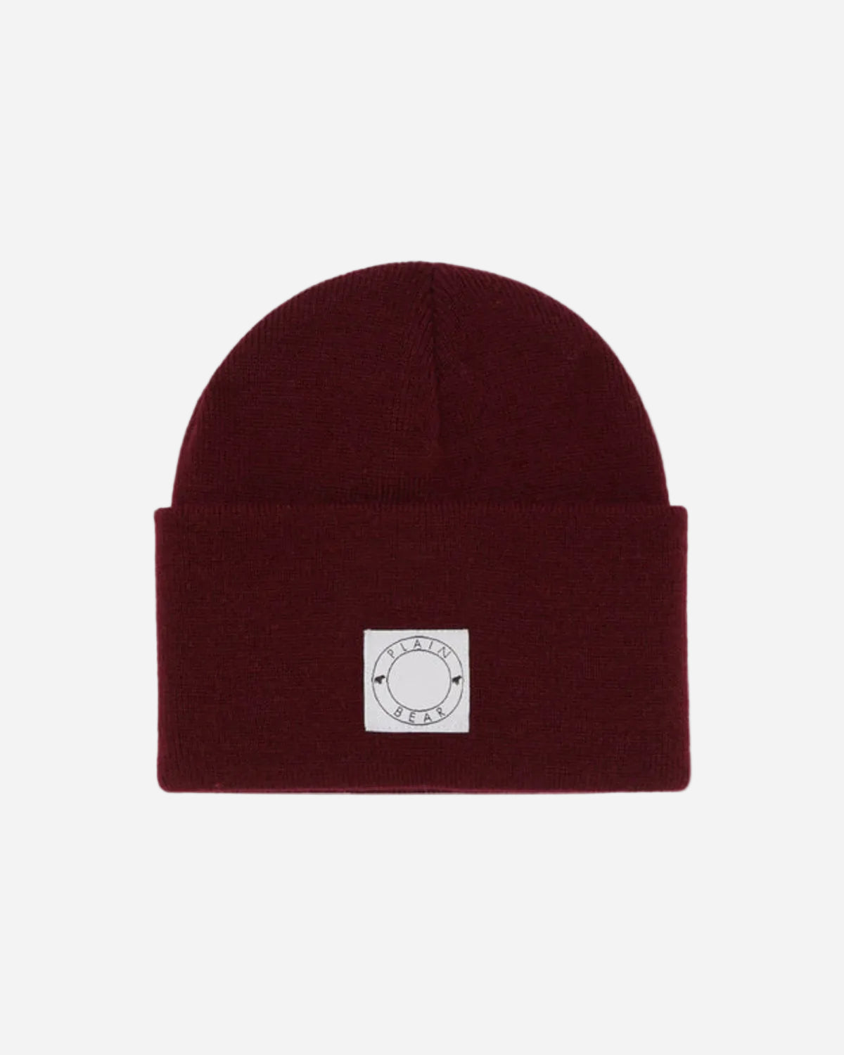 Maroon beanie with a white logo on a white background