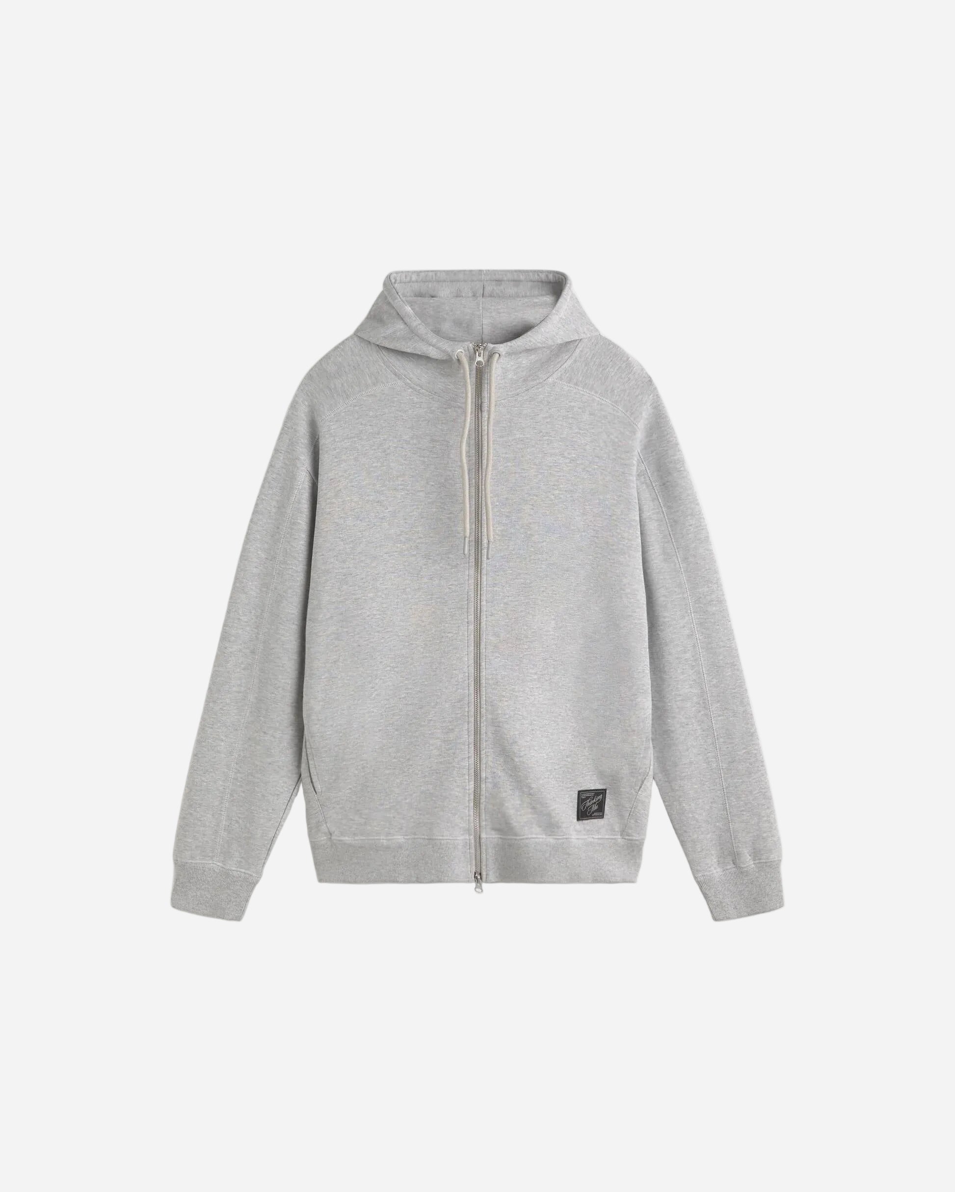 Gray hoodie with a small logo on a white background