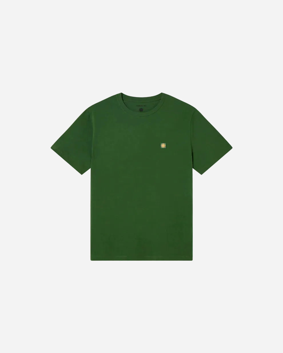 Green t-shirt with a small logo on a white background