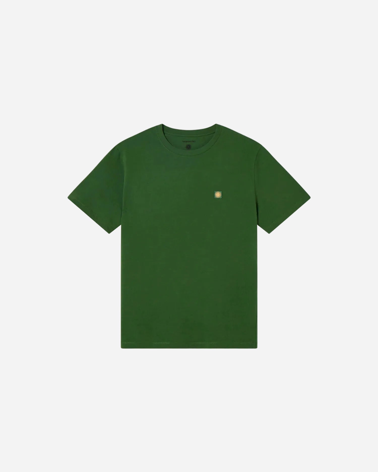 Green t-shirt with a small logo on a white background