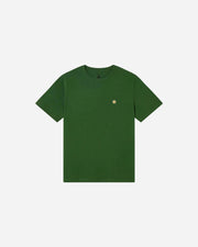 Green t-shirt with a small logo on a white background