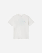 White t-shirt with a small blue logo on a white background