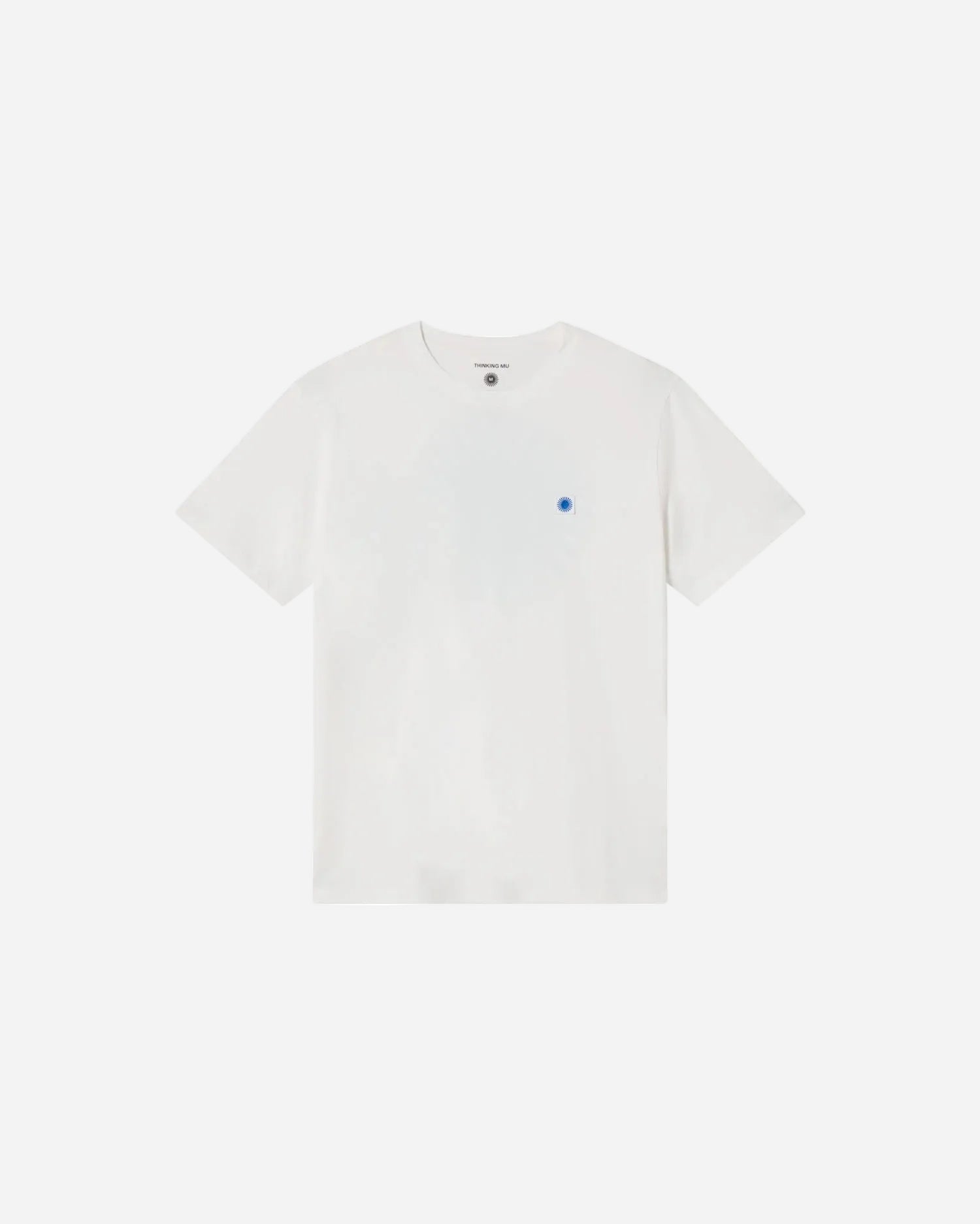 White t-shirt with a small blue logo on a white background