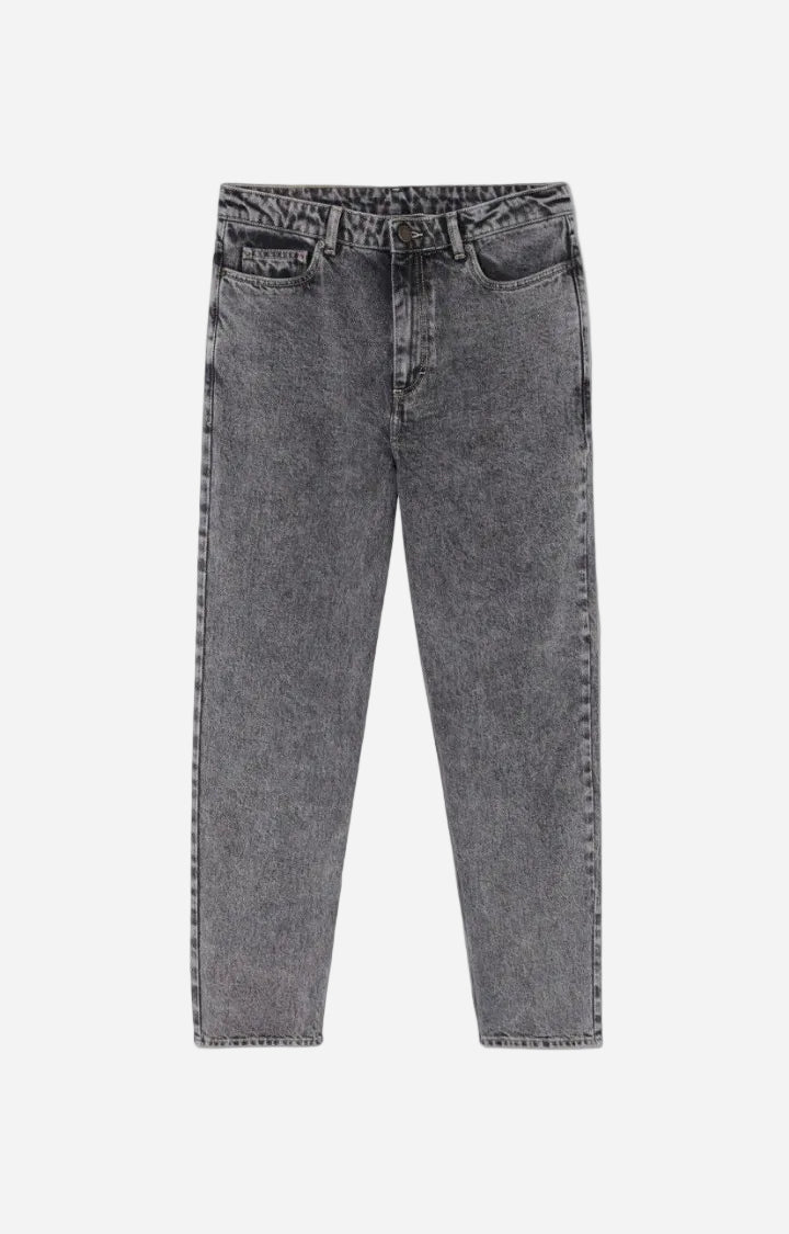 Gray acid-wash jeans on a light gray background