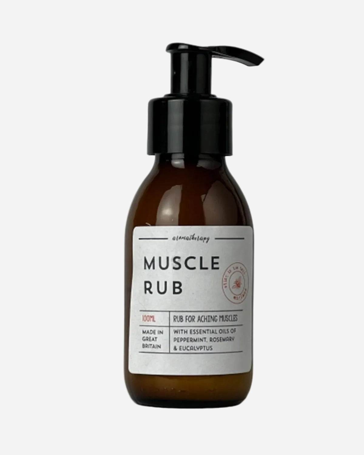 Bottle of 'Muscle Rub' with pump on a white background
