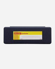 Navy storage container with a yellow label on a white background