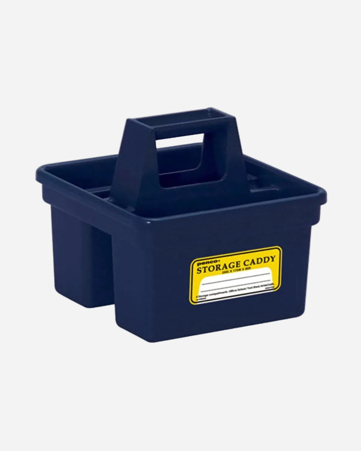 Navy blue storage caddy with a yellow label on a white background