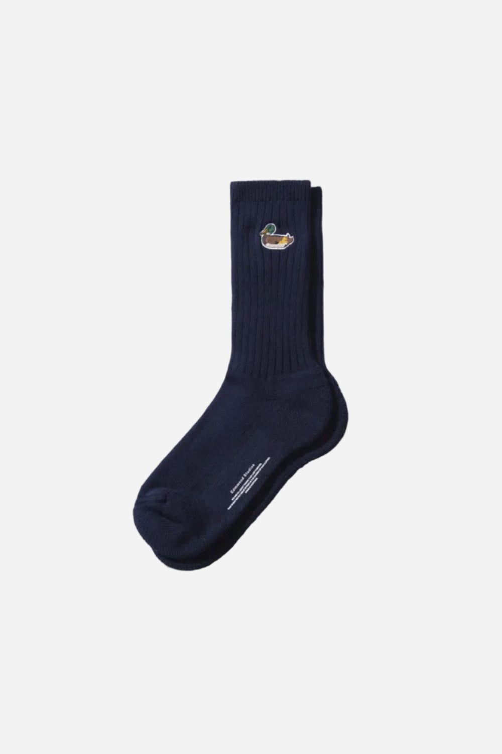 Navy sock with a small logo on a white background