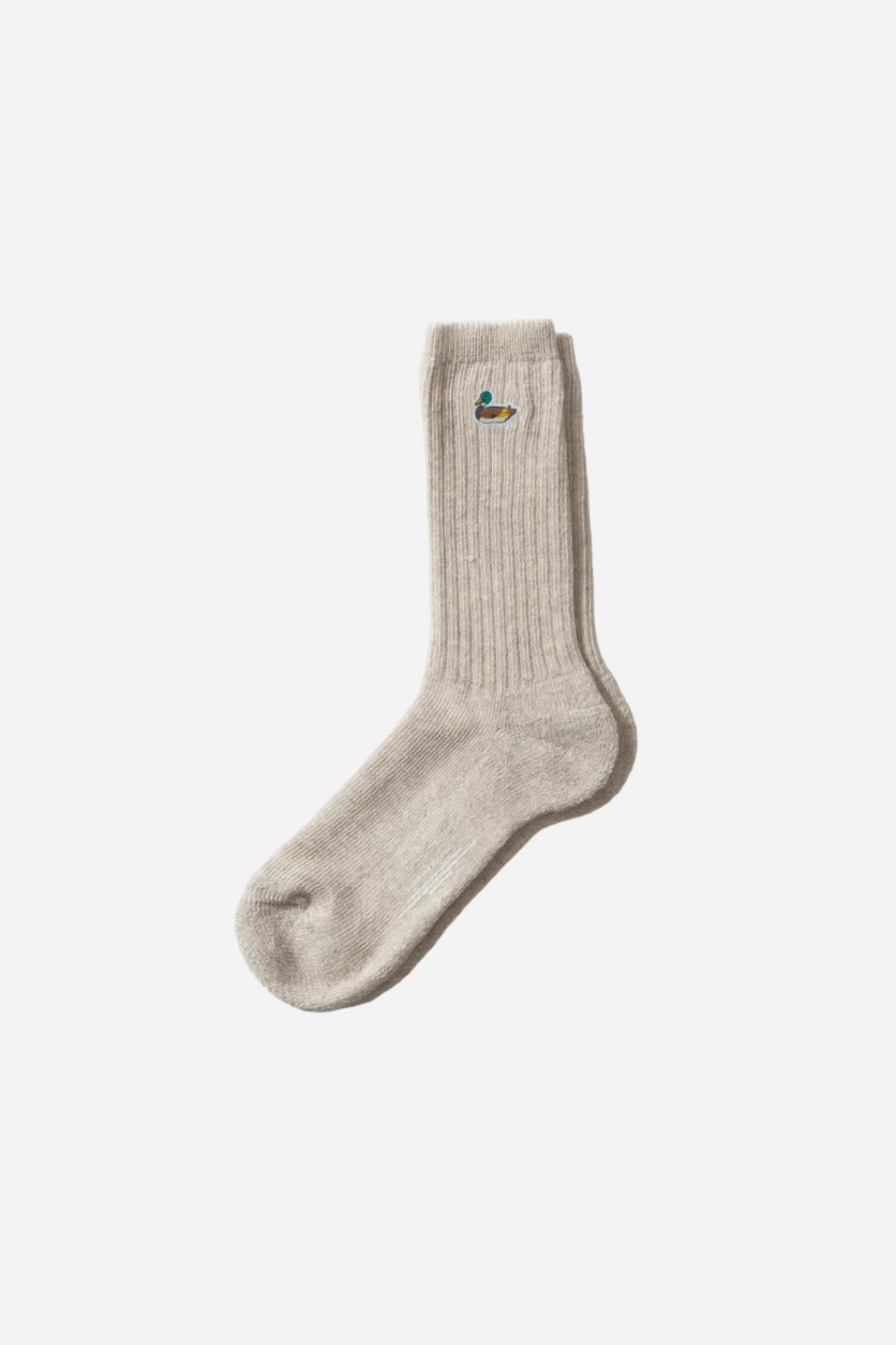Beige sock with a brand logo on a white background