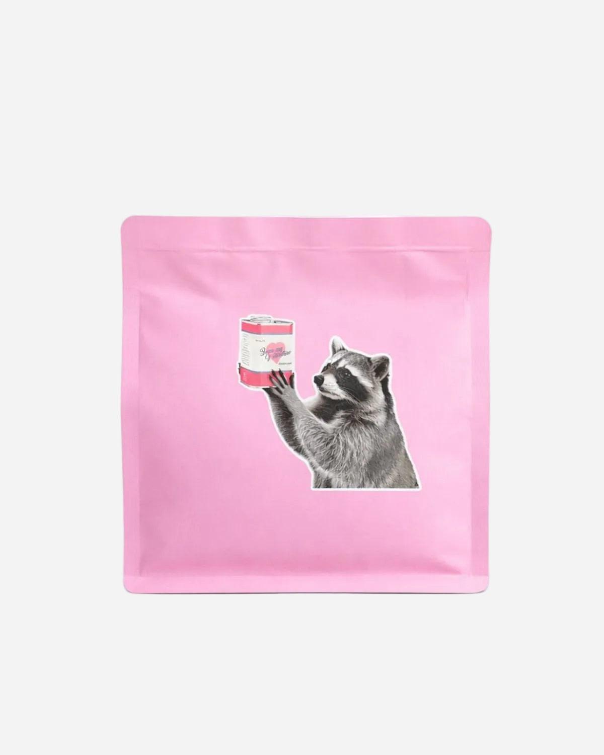 Pink package with a raccoon holding a can on a white background
