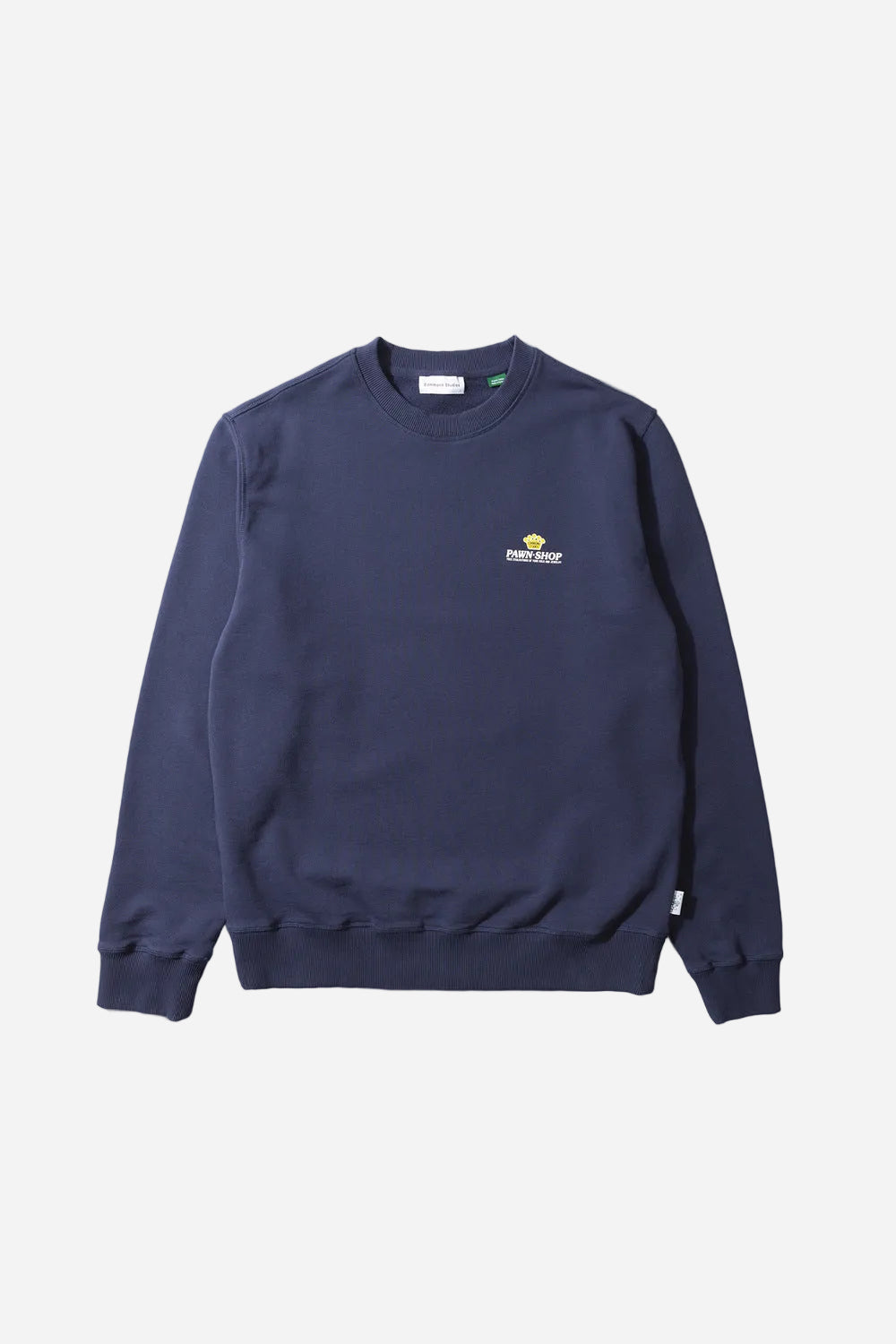 Navy blue sweatshirt with a logo on a light gray background