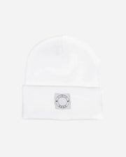 White beanie with a logo patch on a white background