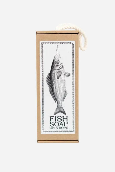 Fish soap on a rope with packaging featuring a fish illustration on a white background