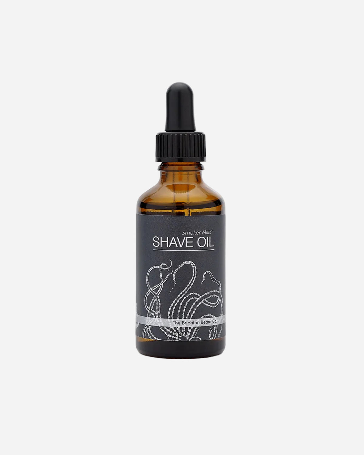 Bottle of shave oil with dropper on a white background