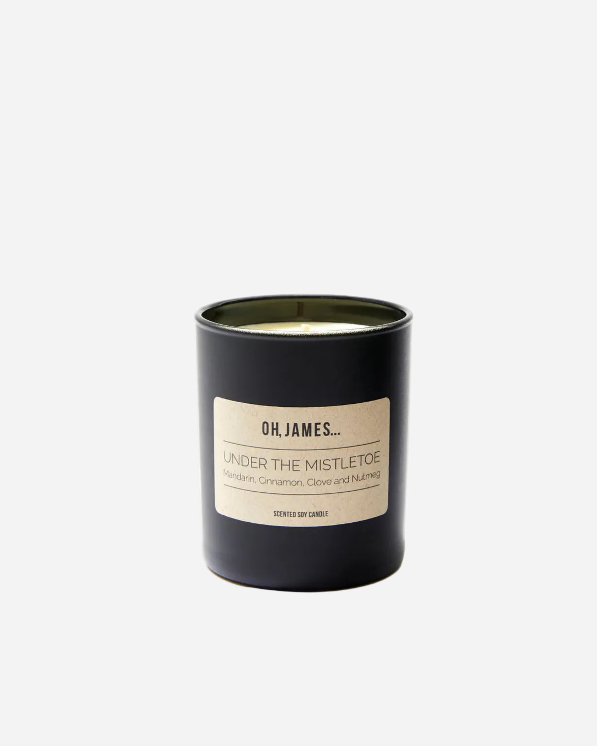 Black candle with a label on a white background
