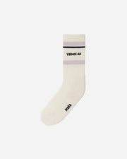 White sock with black text on a white background