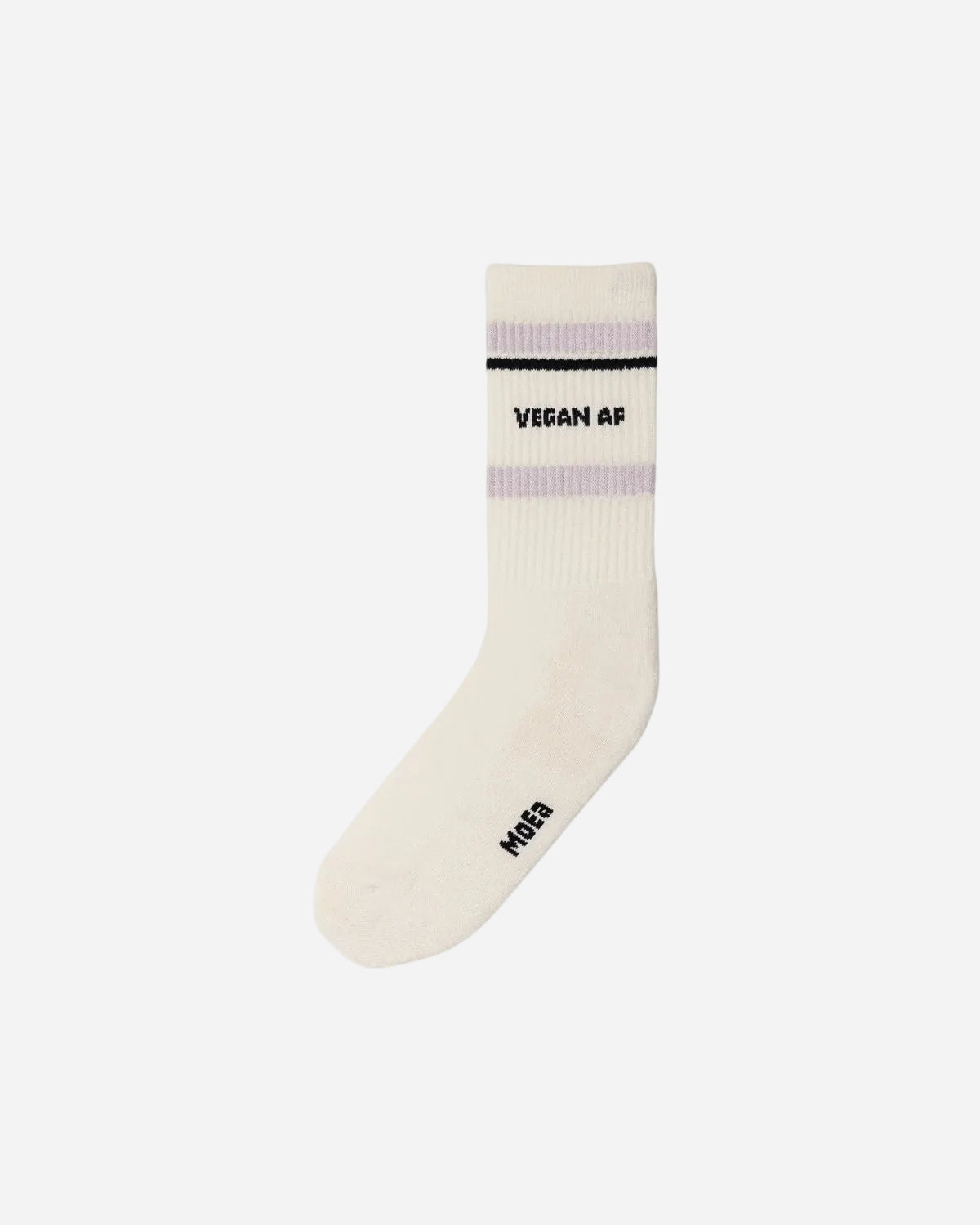 White sock with black text on a white background