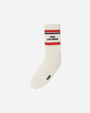 White sock with red and black stripes and 'Viva Las Vegan' text on a white background