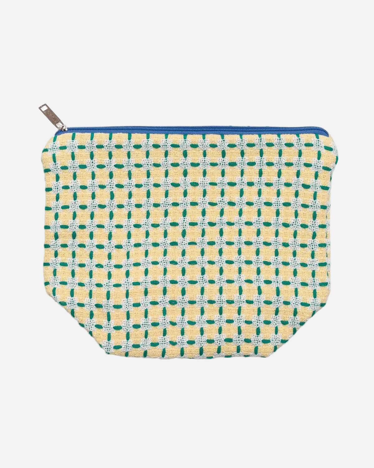 Yellow and green checkered pouch with a blue zipper on a white background