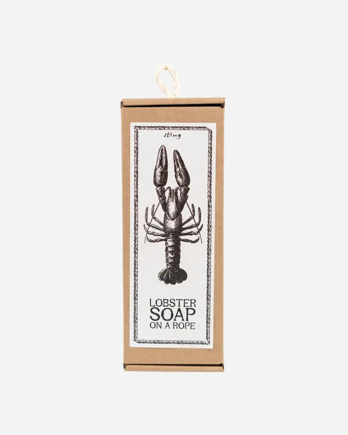 Lobster soap on a rope packaging with a black and white illustration of a lobster on a white background.