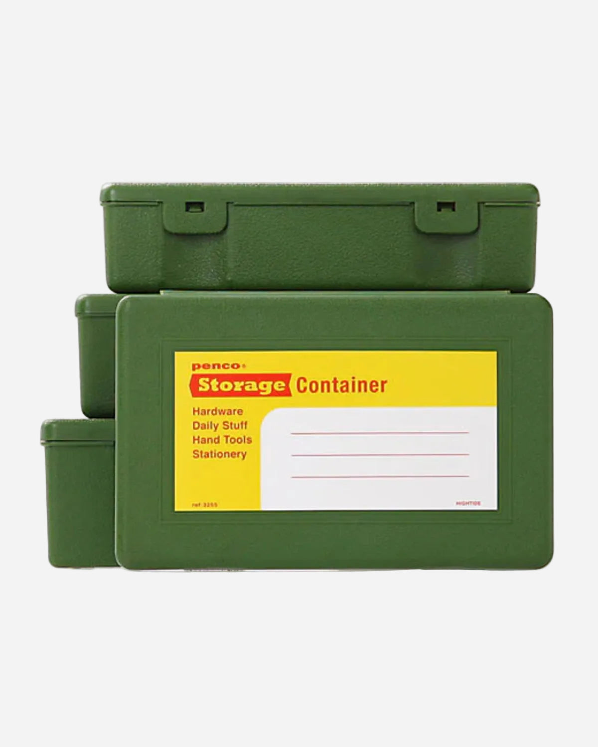 Green storage container with yellow label on a white background