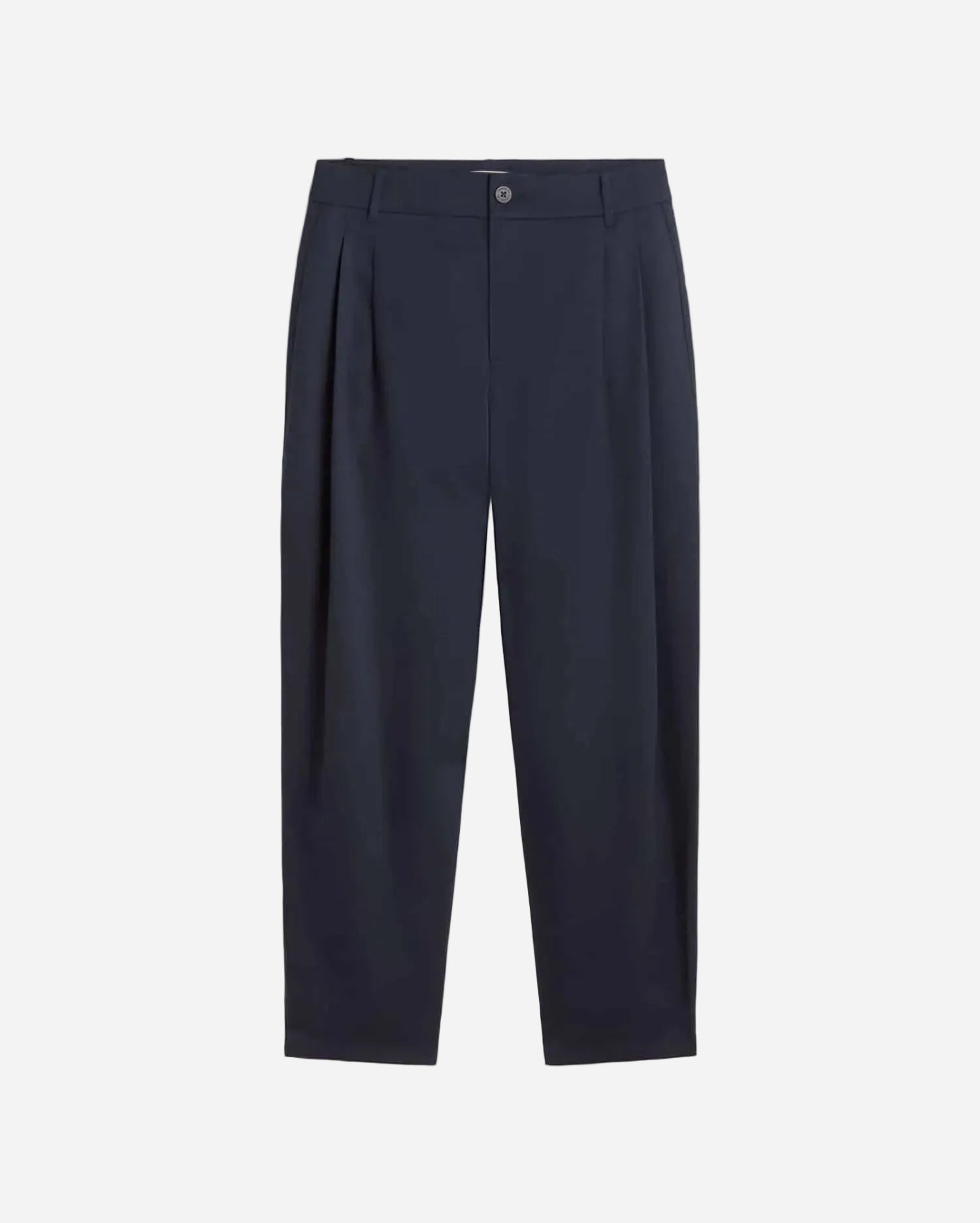 Navy blue pleated pants on a white background