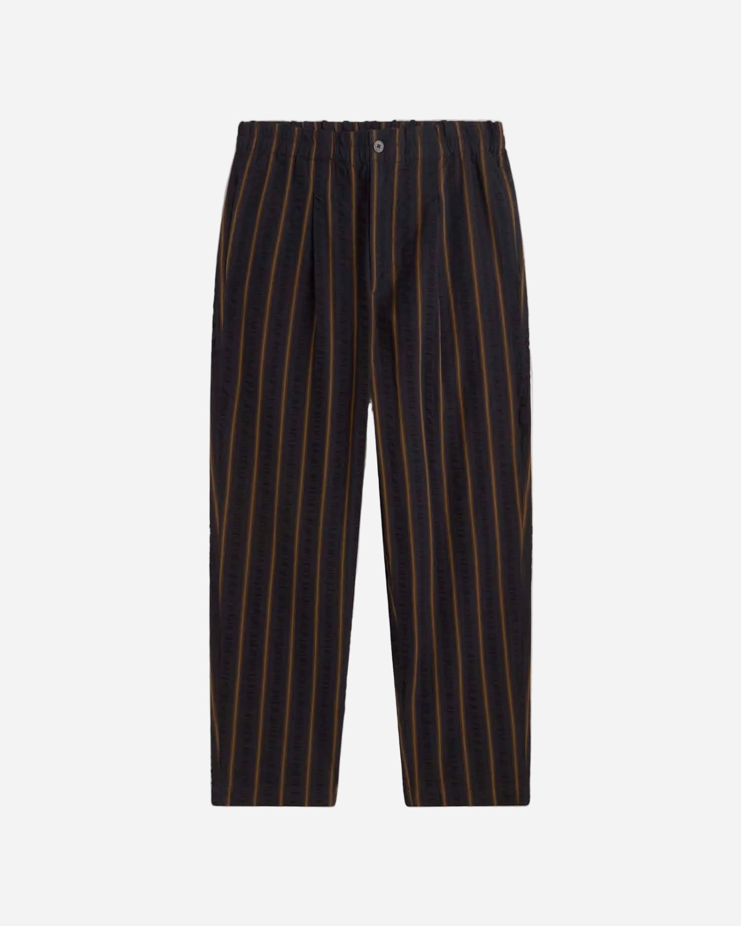 Navy blue pants with thin brown stripes on a light gray background
