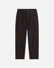 Navy blue pants with thin brown stripes on a light gray background