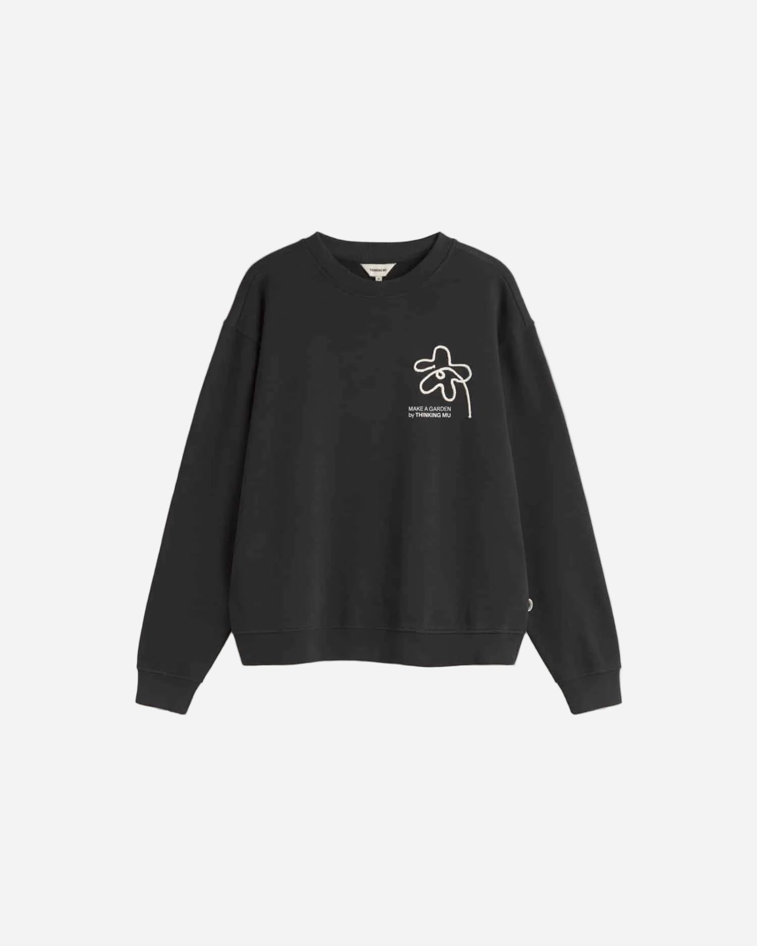 Black sweatshirt with a small white logo on a white background