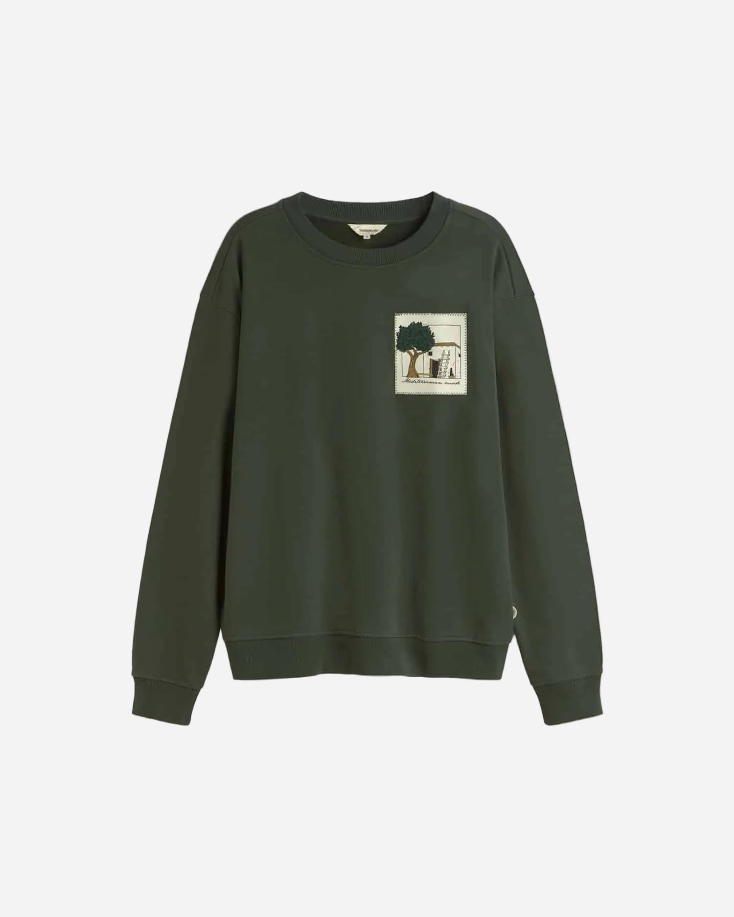 Green sweatshirt with a small graphic on a white background