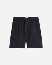 Navy striped shorts on a light gray background